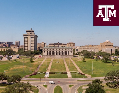 Texas A and M logo and dental school builidng