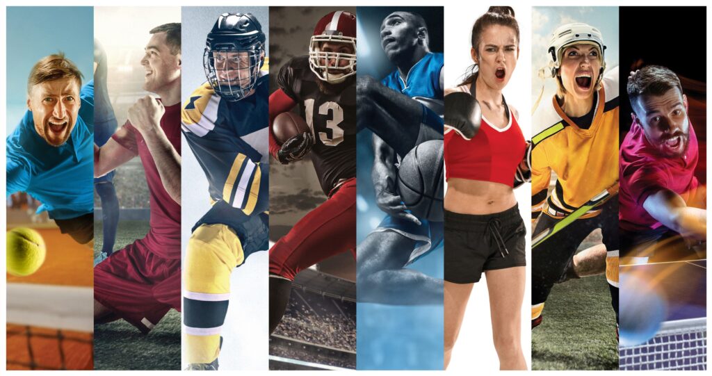 Several images of various athletes in vertical bands