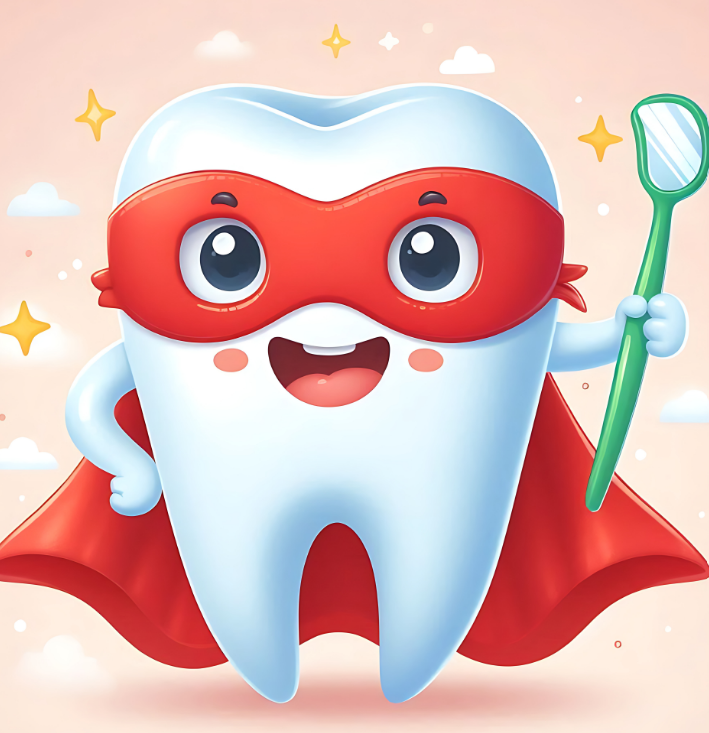 Cartoon tooth with superhero cape